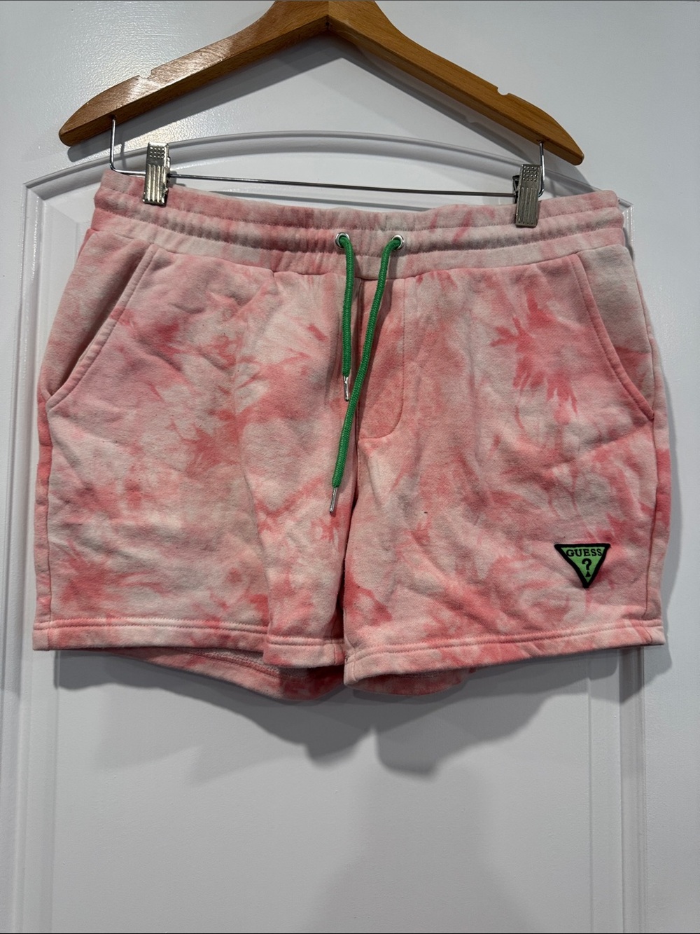GUESS Pink Tie-Dye Fleece Shorts with Green Drawstring Size Medium